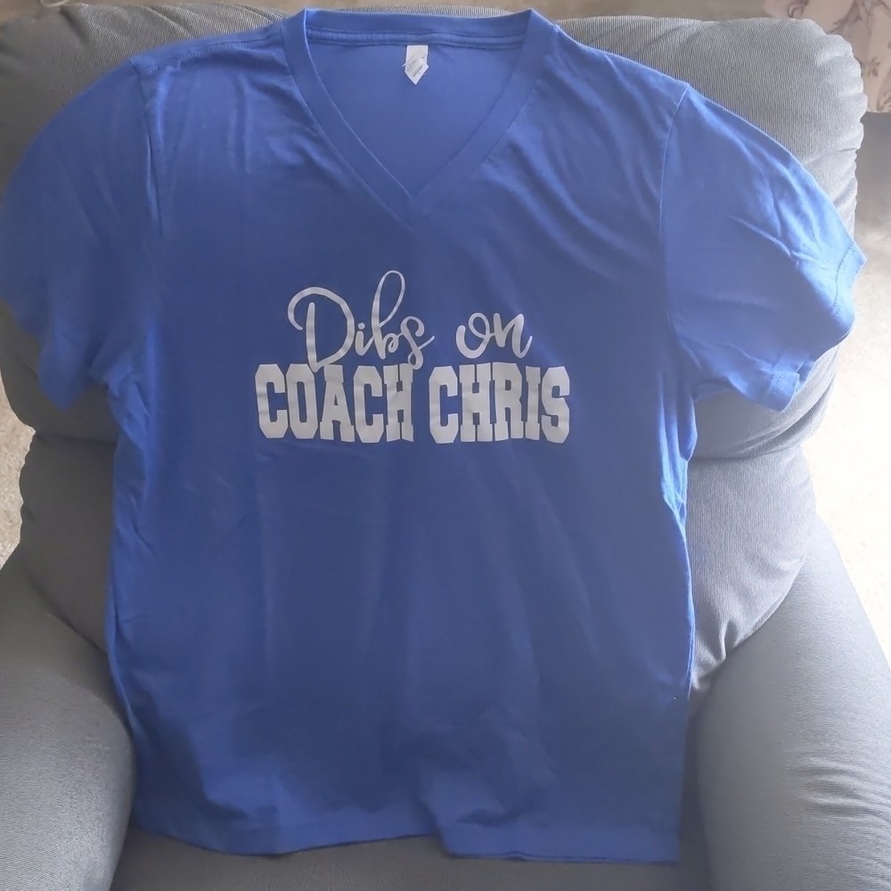 Dibs on Coach Chris vneck tshirt blue extra soft never worn. Size large.Baseball